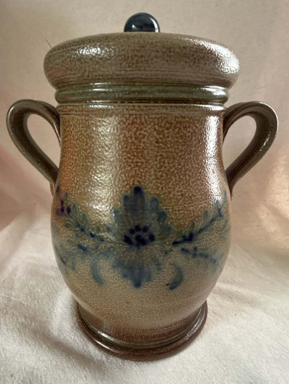 Rowe Pottery Works Stoneware Crock Jug with Lid 2006 Blue Floral